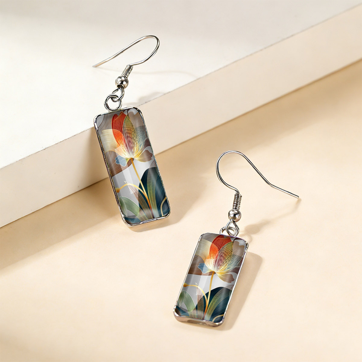 Elegant Rectangular Earrings, Lotus Print Design